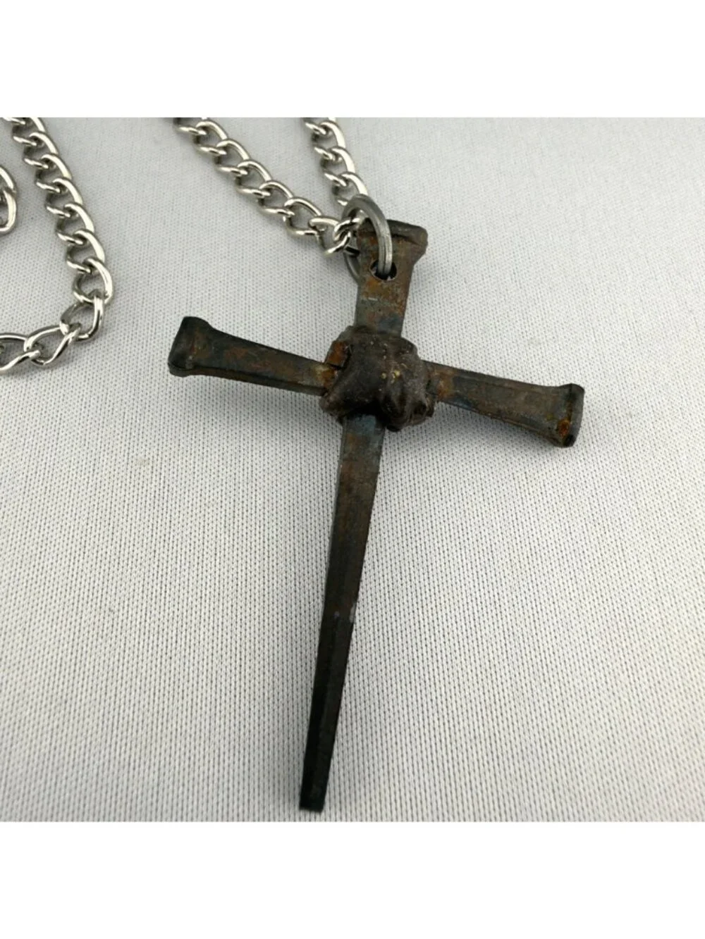 Handmade Iron Nail Cross Pendant Necklace Silver Tone Chain Rustic 24